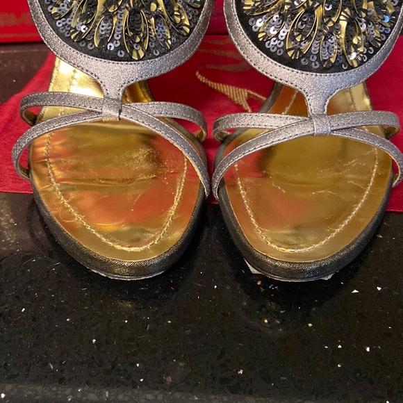 Rene Caovilla "Rosa" Black Sequin Medallions Gold & Platinum High Heel Sandals - Picture 12 of 16